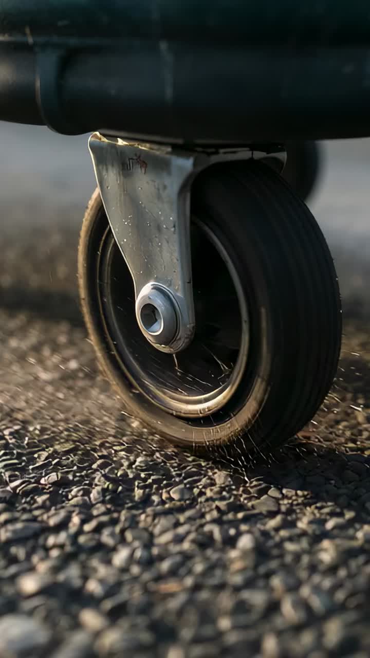 Vertical video: Rolling caster wheel rotating while object moving on asphalt, showing metal fork