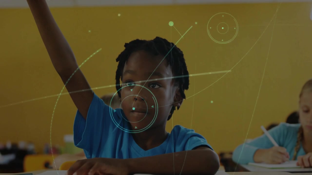 Classroom boy listening raising hand to respond with animated data lines forming around raised hand