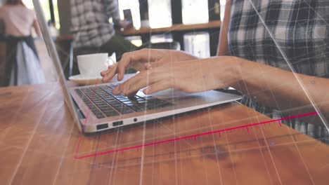 Animation-of-statistical-data-processing-against-biracial-woman-using-laptop-at-a-cafe