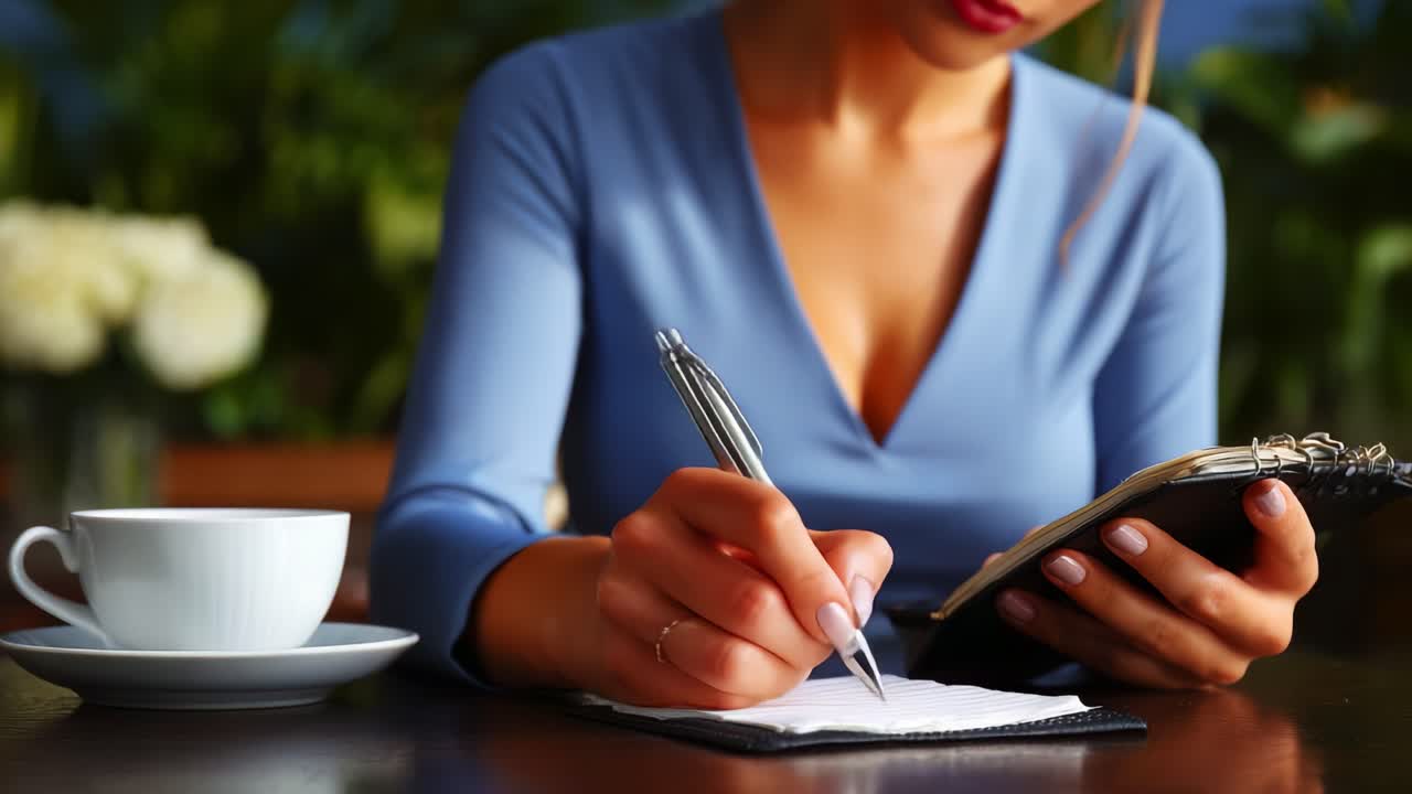 A Thoughtful Moment: A Lady in a Blue Top Engaging in Writing with a Pen on a Notepad, Enjoying a Warm Beverage in a Cozy Setting Surrounded by Greenery