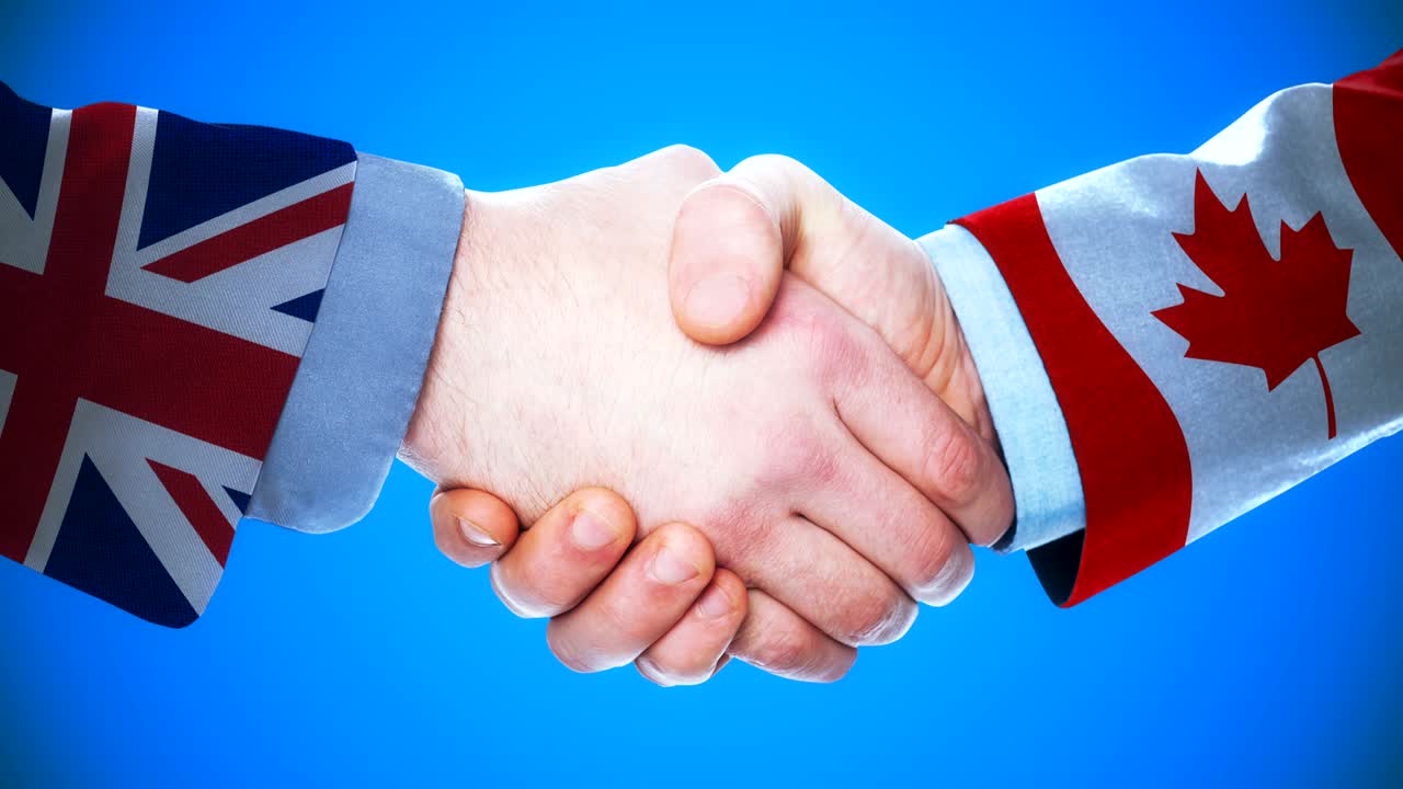 United Kingdom - Canada / Handshake concept animation about countries and politics / With matte channel