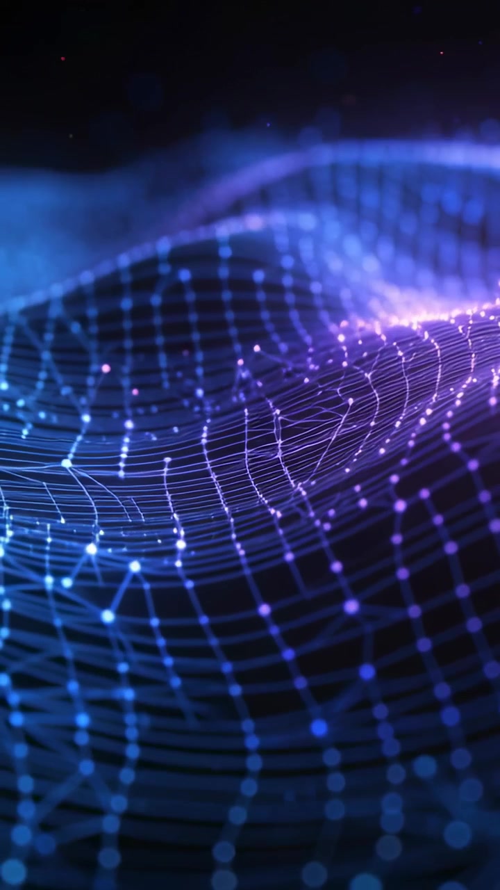 Vertical video: Playback starting luminous mesh undulating in digital void, pulsing nodes as data