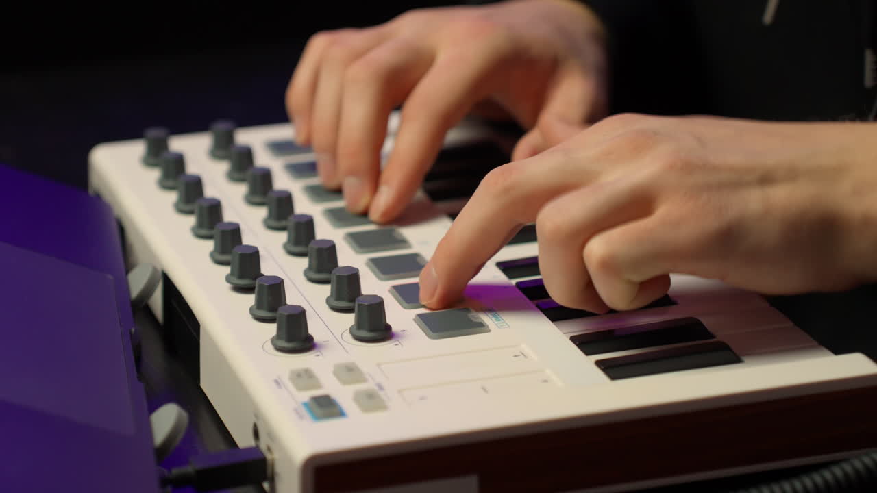 Close-up Shot of Hands Playing Keys on White MIDI Controller Keyboard in Studio