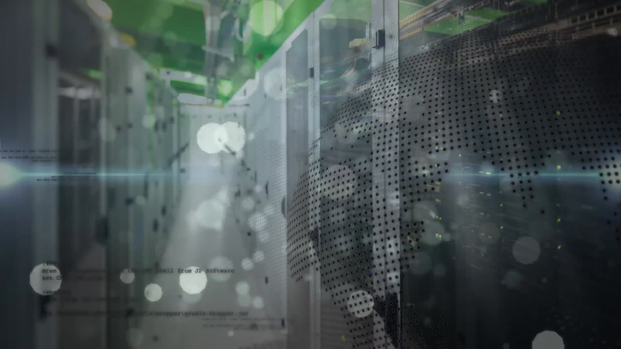 Animation of lens flares, rotating globe and computer language over server room