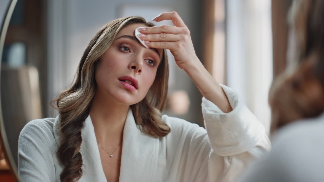Woman using cotton pad for skincare routine in front of mirror
