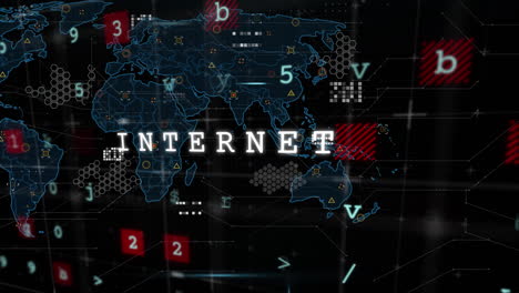 animation of internet connections text, markers and data processing over world map