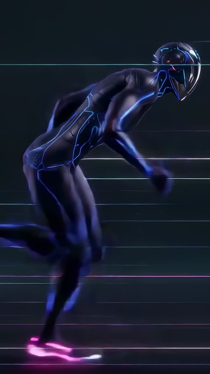Video verticale: cyborg che accelera lungo una pista al neon con suole rosa, spingendosi da una posizione accovacciata.