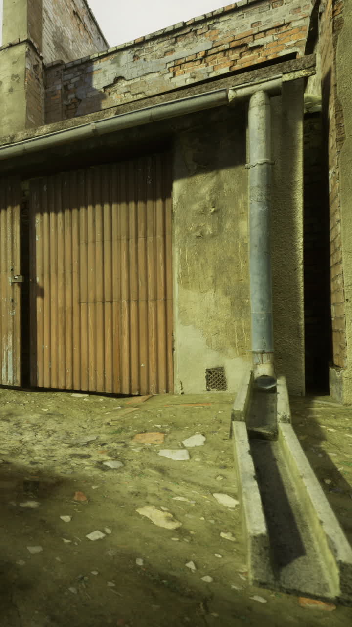 Vicolo urbano con una porta di legno e gradini di cemento vicino a un muro.