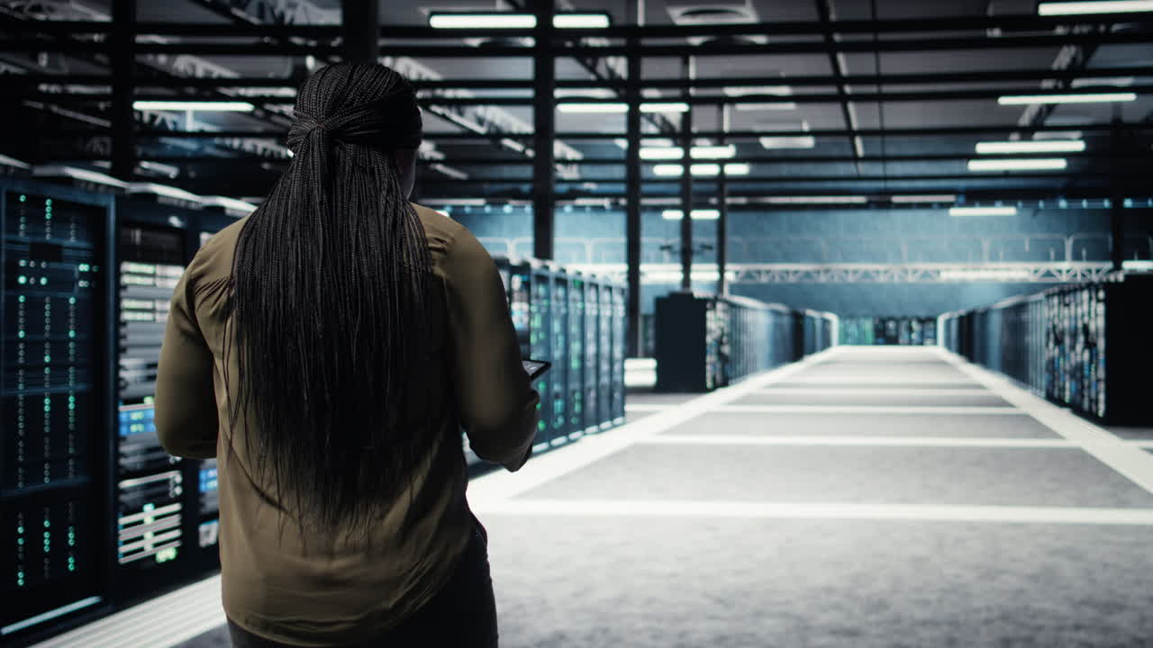 Technician walking in data center, using app on tablet to ensure error free rigs