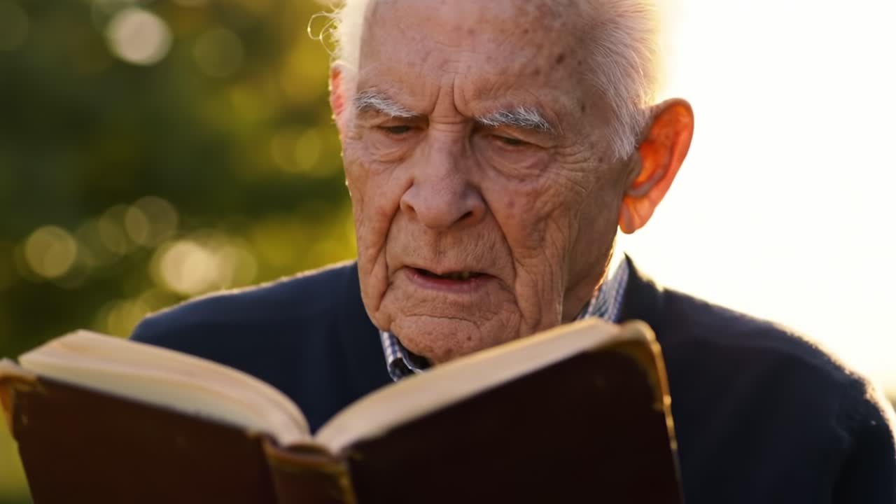 An elderly gentleman immersed in reading a book outdoors, illuminated by the warm glow of sunlight, showcasing the beauty of literature and reflective moments in life