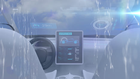 animation of data processing and network of connections over self driving car interior and blue sky