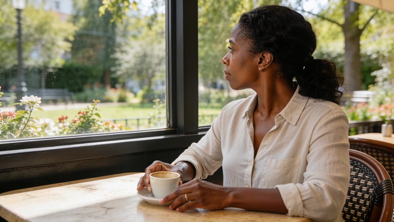 Finishing sip, woman beige-shirt turning to view park at cafe-window white cup on marble