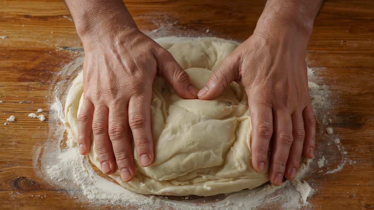 Mani che premono creando una fossetta e piegando l'impasto con un anello di farina sul bancone di legno, preparazione della lievitazione