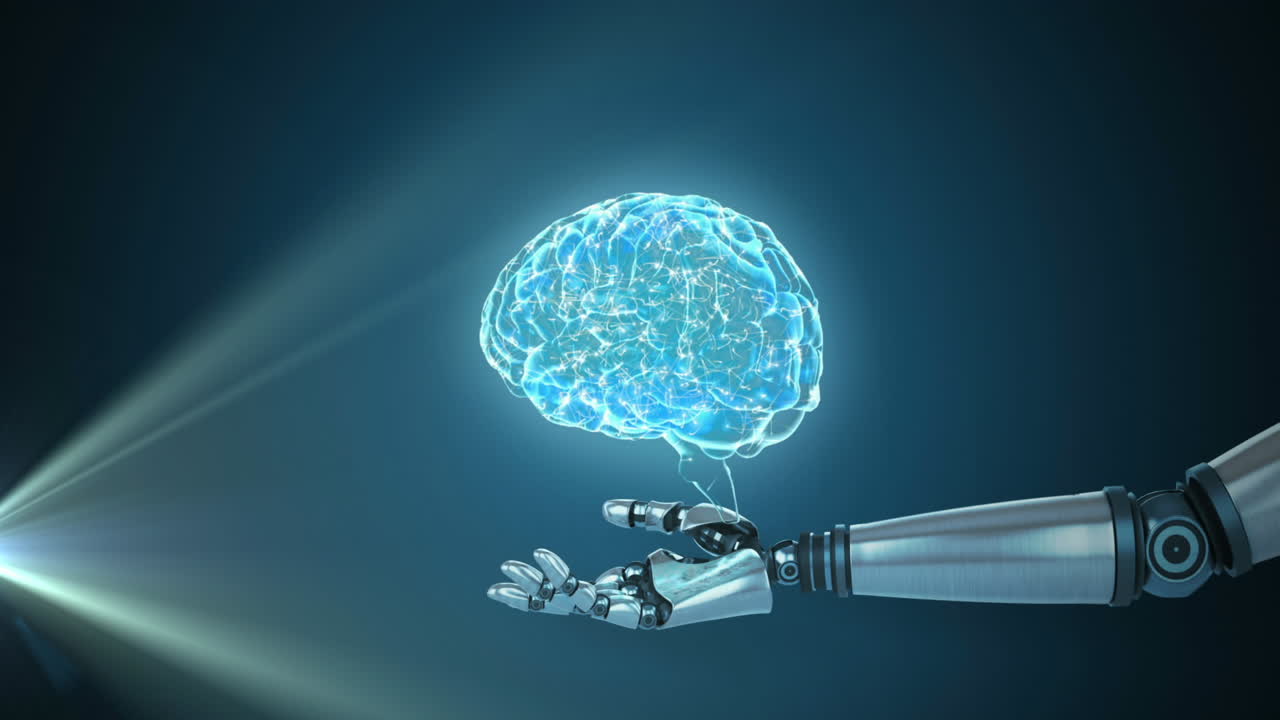 Animation of 3d blue glowing human brain rotating with robot arm on glowing blue background