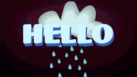 Animation-of-hello-text-over-cloud-with-rain-on-purple-background