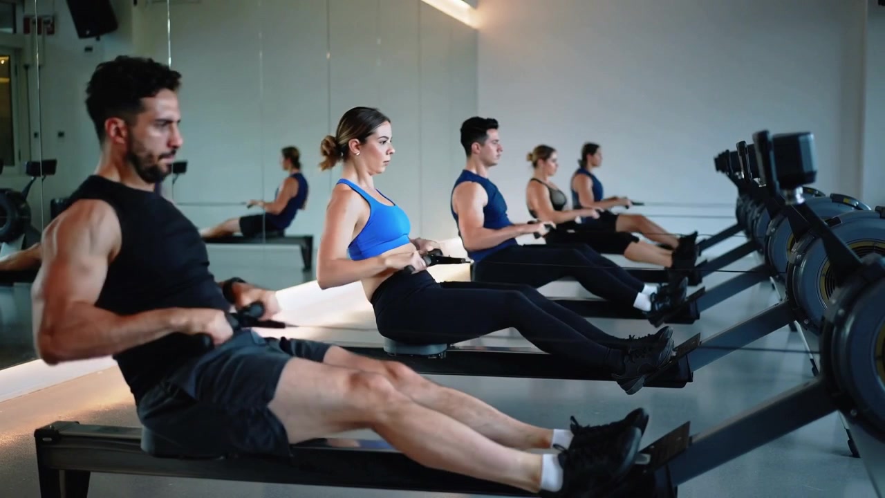 Rowing male wearing black tank doing strokes on studio rowing machines for cardio after coach cue