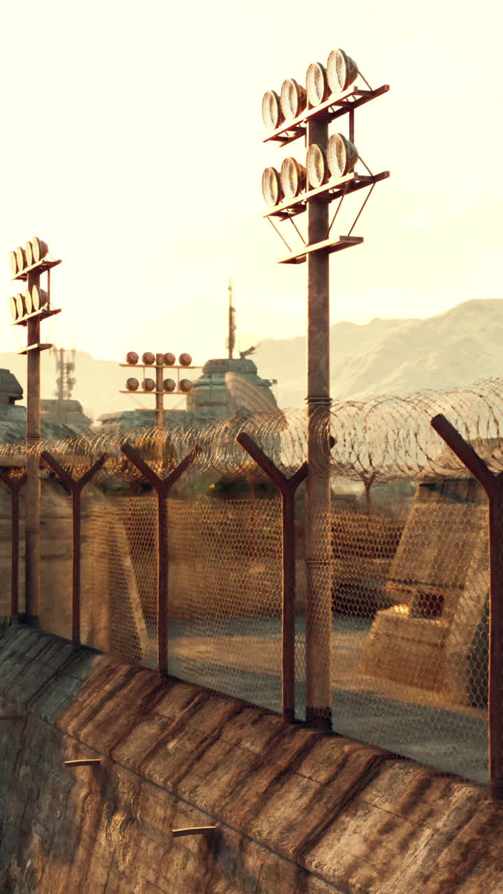 укрепленная военная база в пустыне при заходе солнца