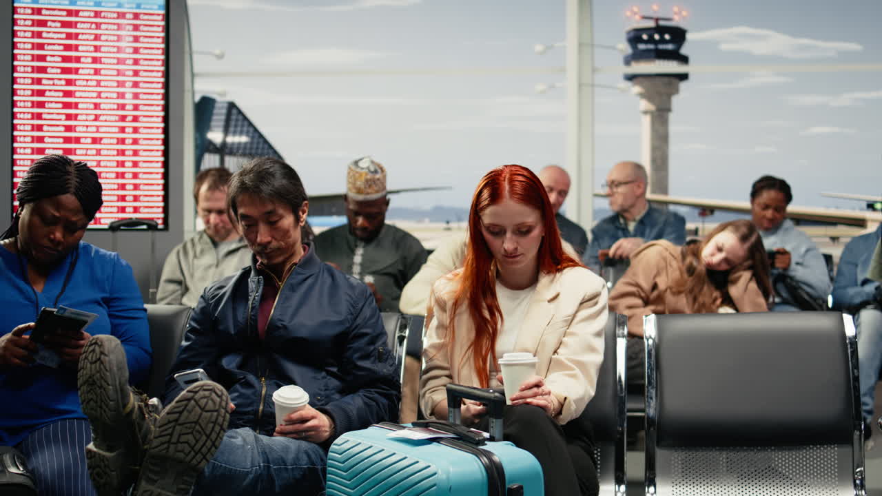 Multiethnische Touristen am Flughafen nutzen Geräte, warten auf verspätetes Flugzeug