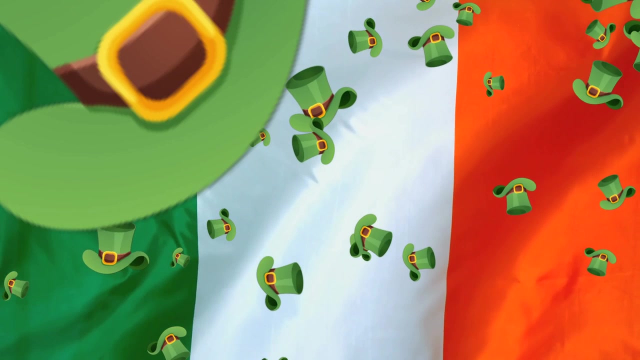 Gráficos en movimiento del Día de San Patricio con tréboles cayendo, monedas de oro y sombreros de duende