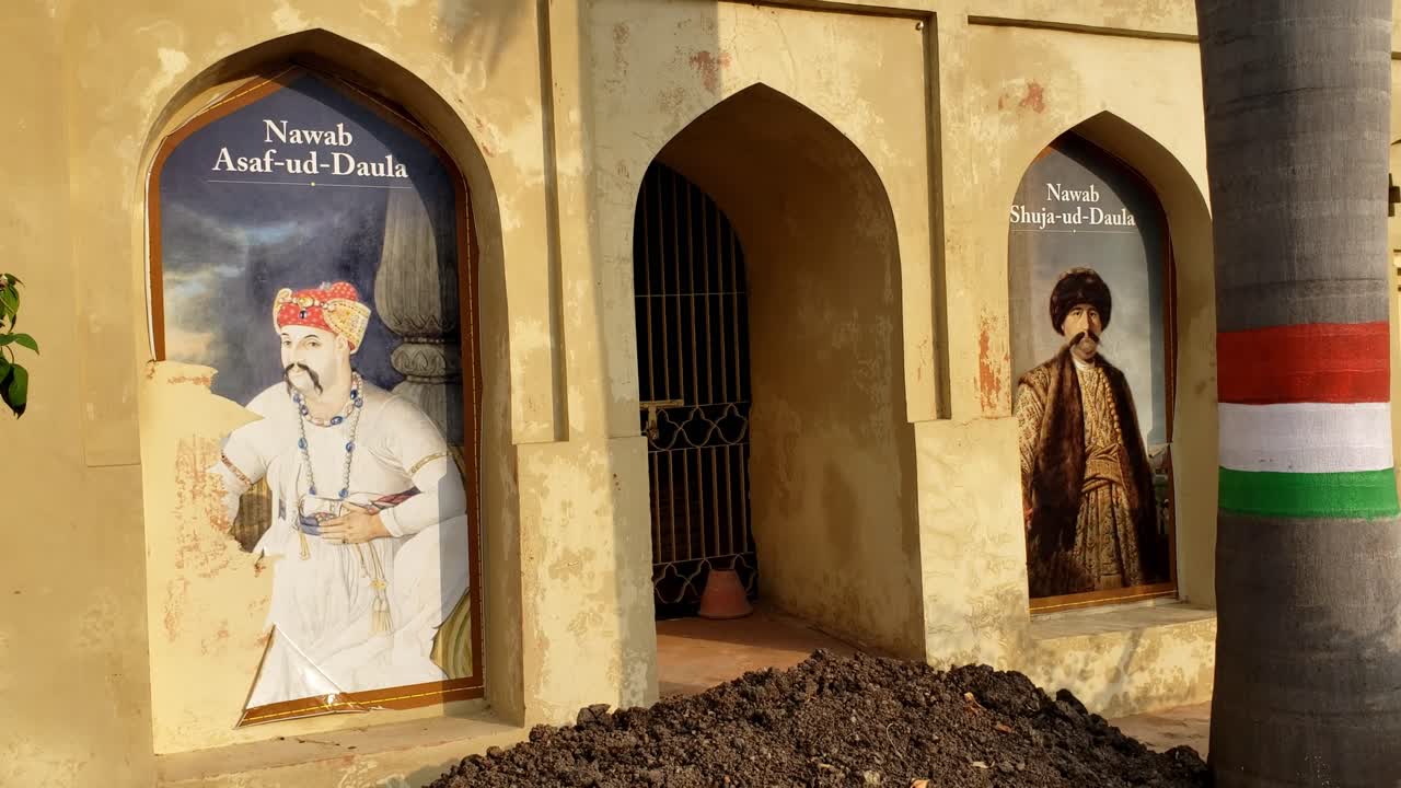 Close Up Video Shot of Portraits of Nawabs on The Historic Building with Indian Flag Colors - Historic Figures Framed: Nawabs in Arched Windows