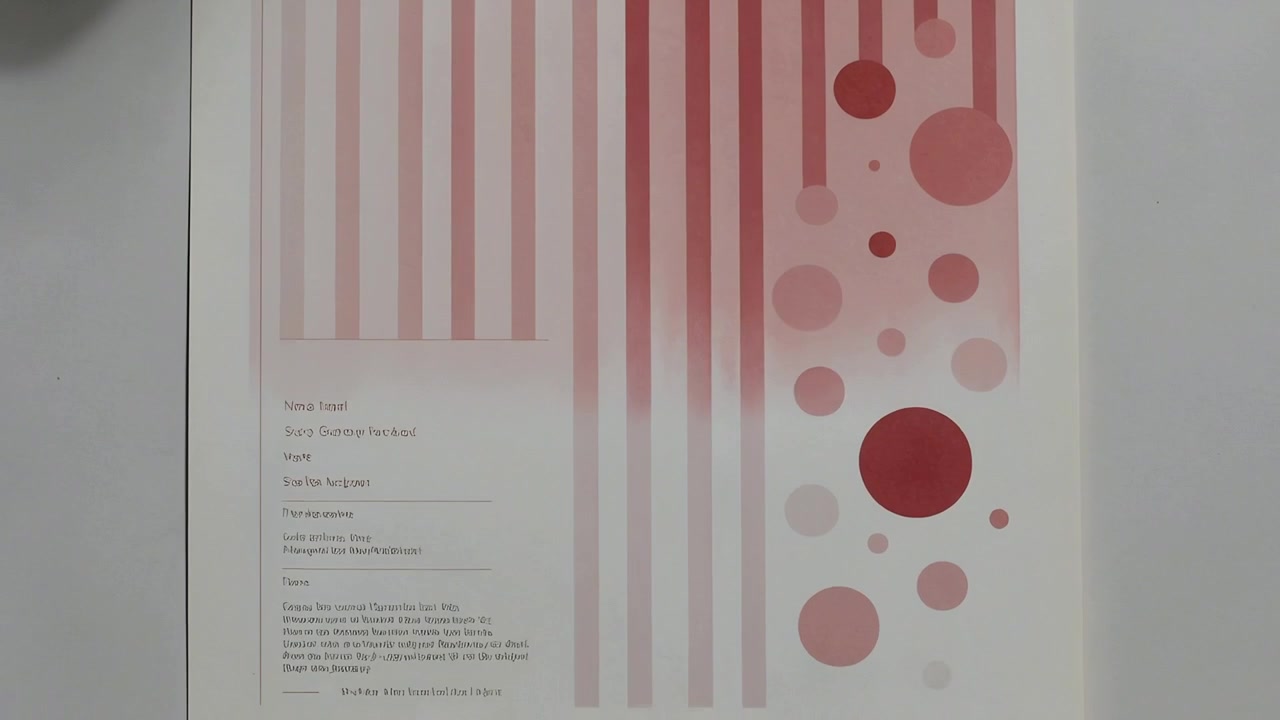 Clip starting camera panning graphic sheet on tabletop, revealing pink stripes, red dots
