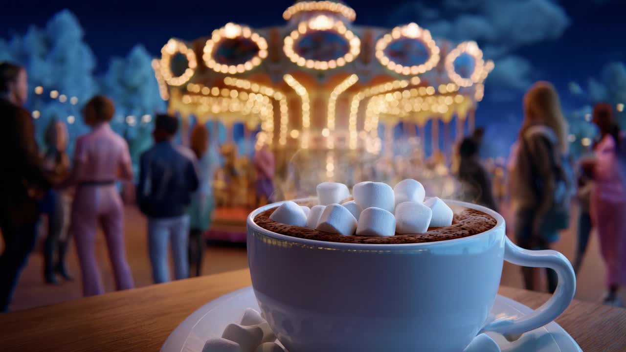 A Heartwarming Evening at the Carnival with a Cozy Cup of Hot Chocolate Topped with Marshmallows, Glowing Lights, and a Nostalgic Carousel in the Background, Perfect for Relaxing Moments