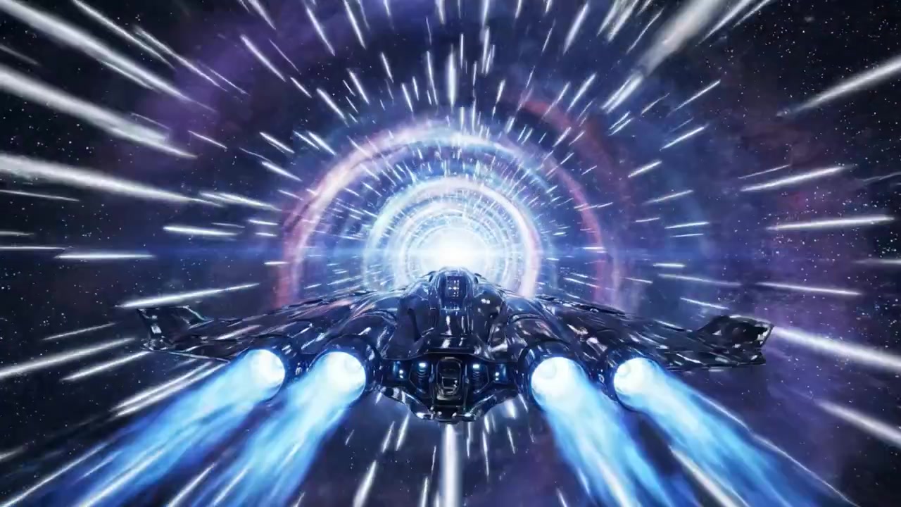Un'astronave futuristica che intraprende un viaggio cosmico attraverso un tunnel iperspaziale, illuminata da colori vivaci e scie di luce nell'immensità dello spazio.