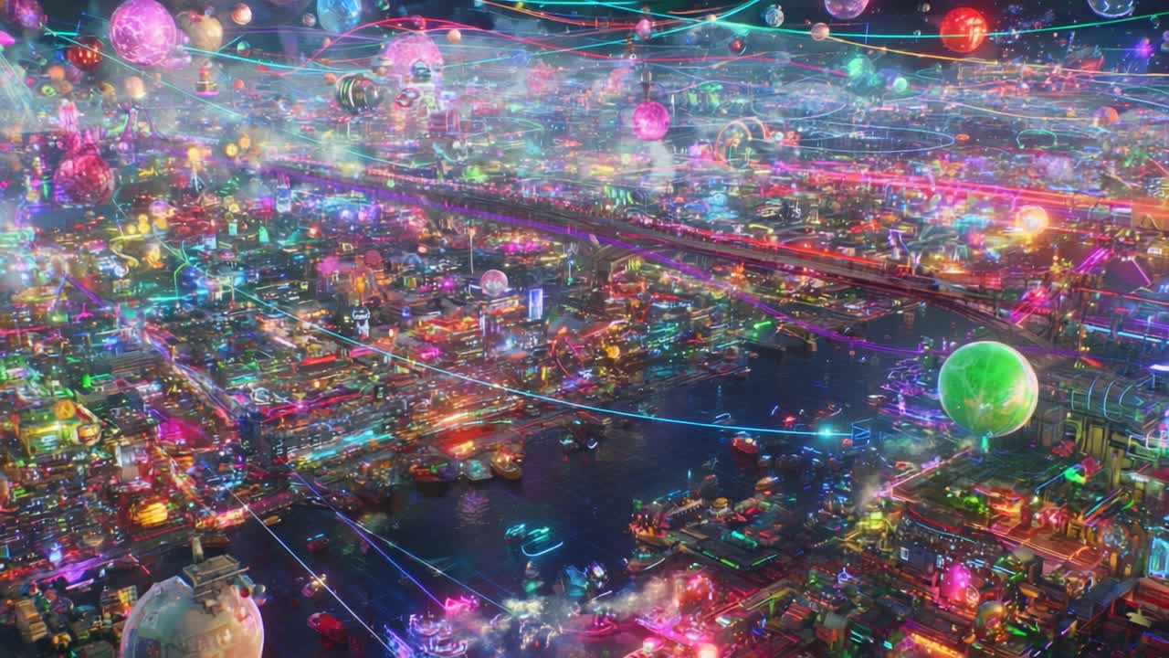 An electrifying metropolis aglow with vibrant neon colors and dynamic lights, showcasing a bustling futuristic landscape filled with imaginative architecture and lively decorations
