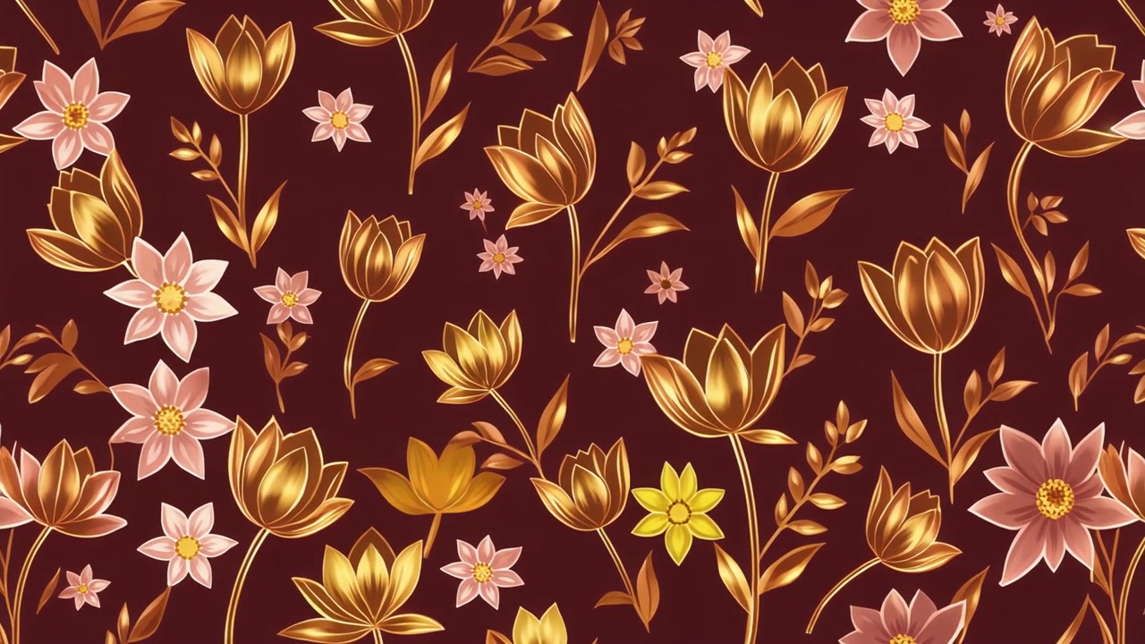 Seamless Pattern of Golden Metallic Flowers on Dark Red Background