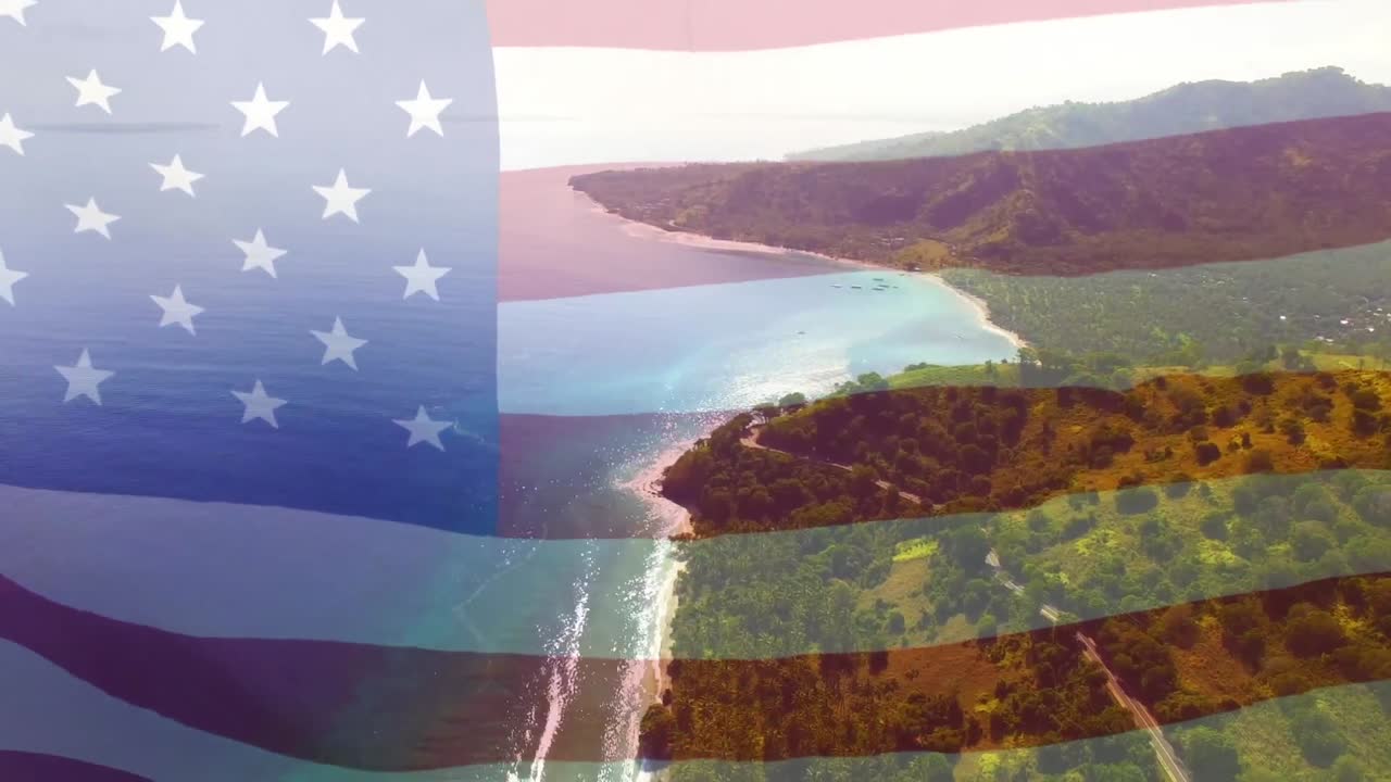 animación de la bandera de los estados unidos ondeando sobre el paisaje marino