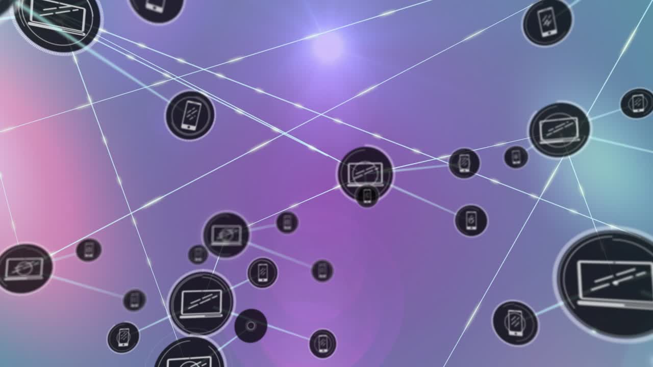 Animation of computer, mobile icon networks connecting dots on digital interface