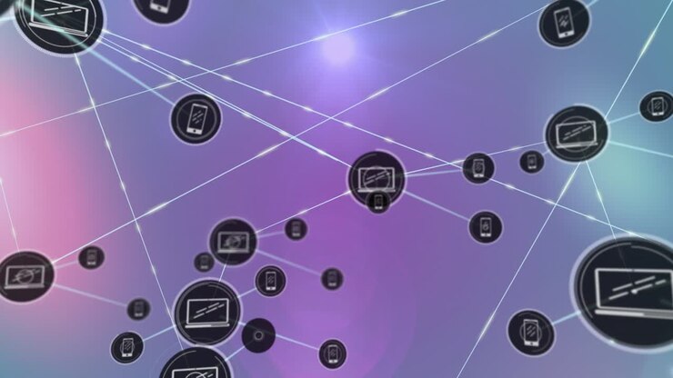 Animation of computer, mobile icon networks connecting dots on digital interface