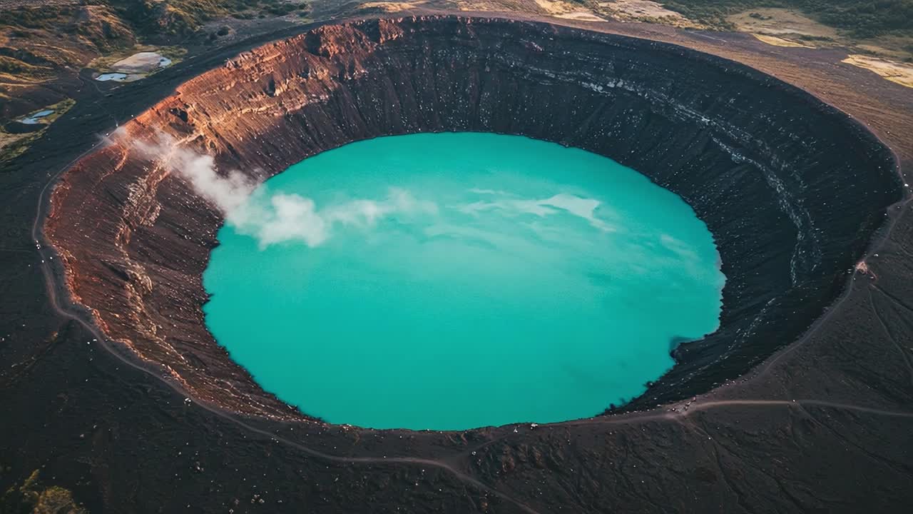 Aerial View of Majestic Crater Lake Surrounded by Volcanic Rock Formations with Vibrant Turquoise Water and Steam Rising from the Inner Walls