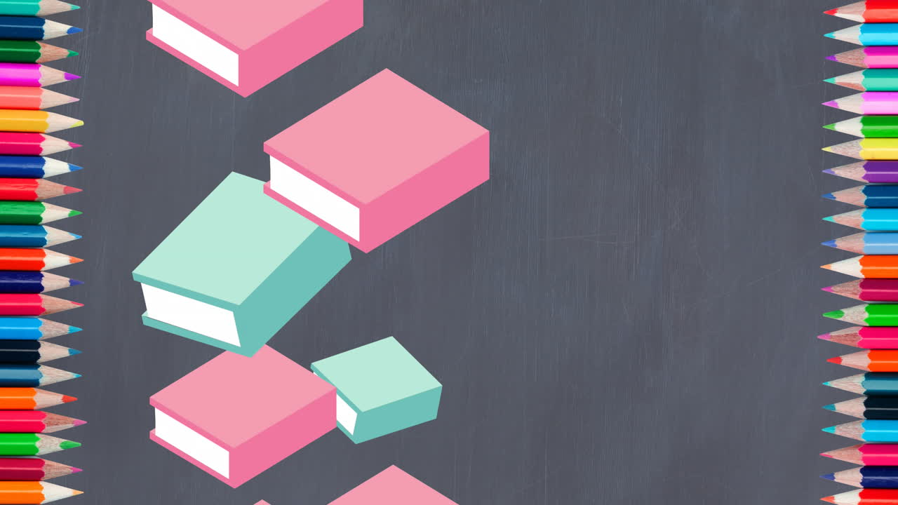 animación de iconos digitales de libros sobre lápices de colores y pizarra