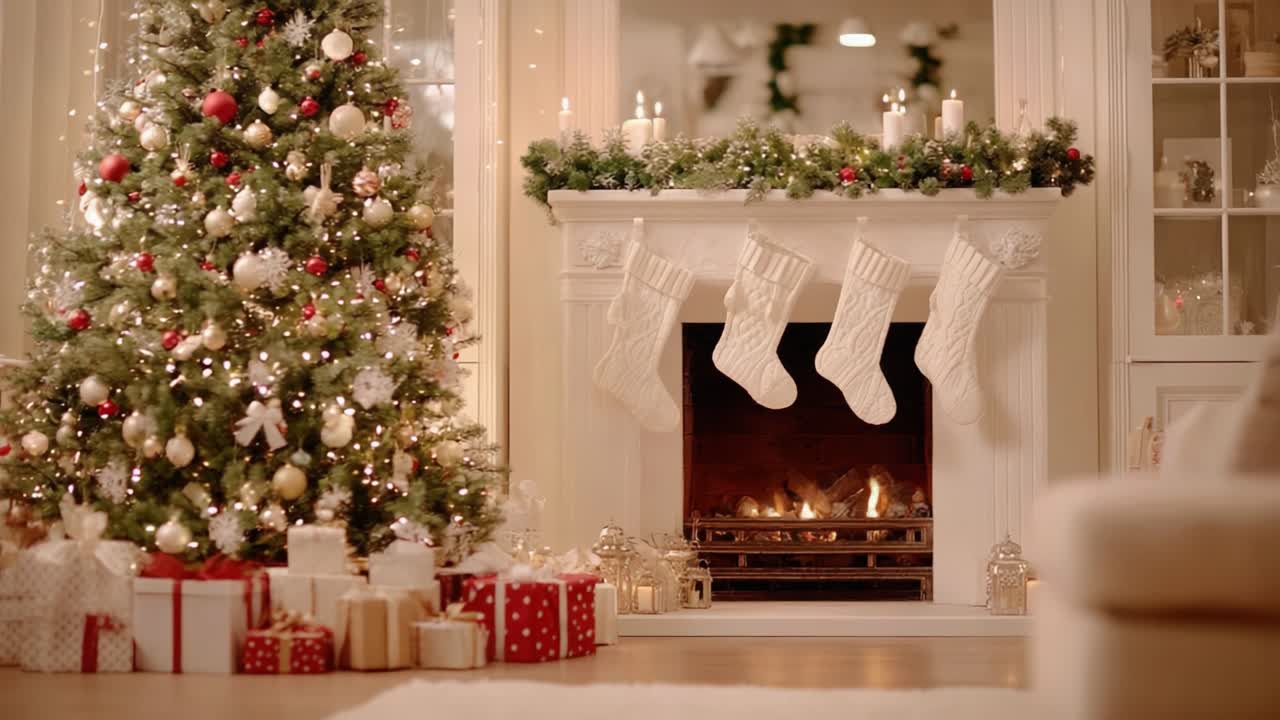 A Cozy and Enchanting Christmas Scene with a Stunning Tree, Elegant Stockings, and a Warm Glow from the Fireplace, Ideal for Holiday Celebrations and Festive Decor Inspirations