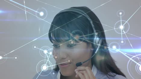 Animation-of-networks-of-connections-over-businesswoman-using-phone-headsets