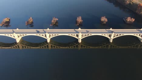 Top-down-aerial-of-traffic-on-bridge