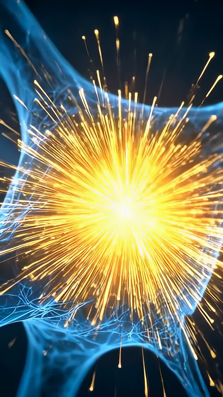 Vertikales Video: Zündung des goldenen Kerns im dunklen Nichts, der Funken aussendet, Energie freisetzt, sich vor blauem Mesh verneigt