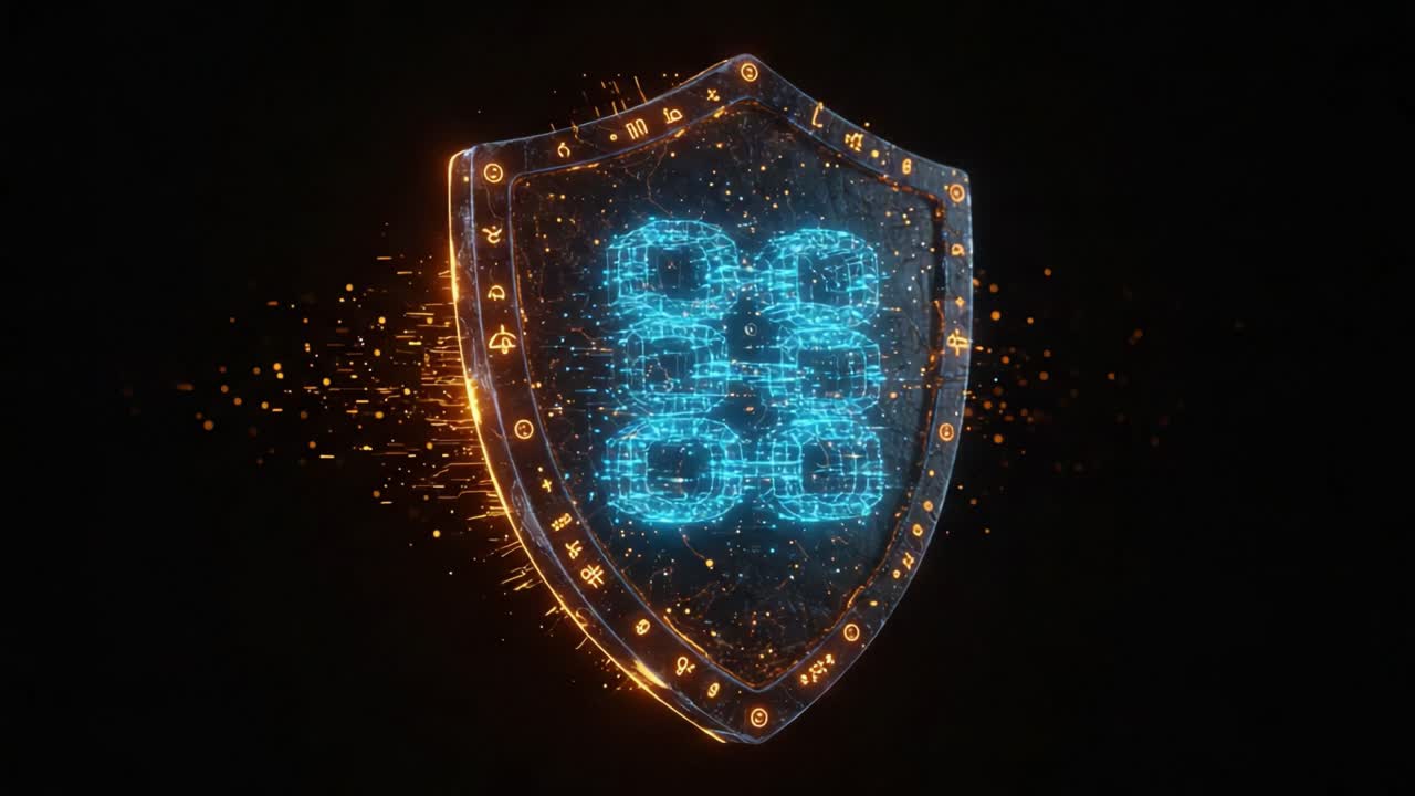 Digital Shield Symbolizing Security and Protection, Featuring Dynamic Glow and Futuristic Elements in a High-Tech Aesthetic, Emphasizing Blockchain Technology