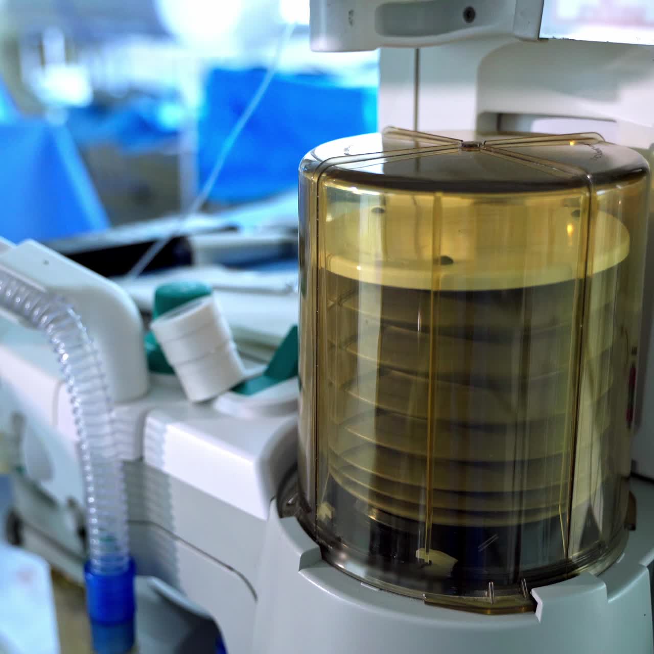 Movement of artificial lung ventilation. Modern medical equipment in operating theater. Pneumonia and tuberculosis. Close-up.