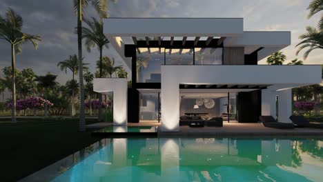 4k video of modern house in luxurious style by the sea or ocean on sunset