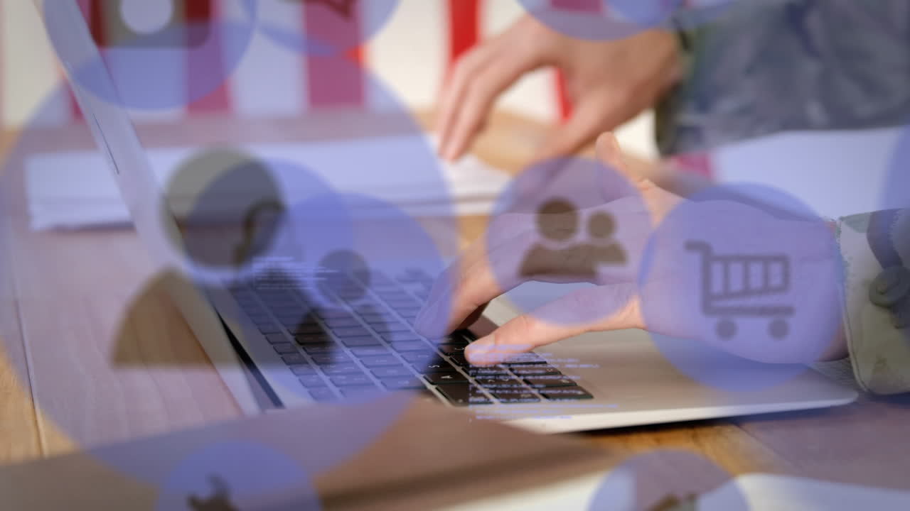 animación de iconos tecnológicos sobre hombre caucásico usando computadora portátil