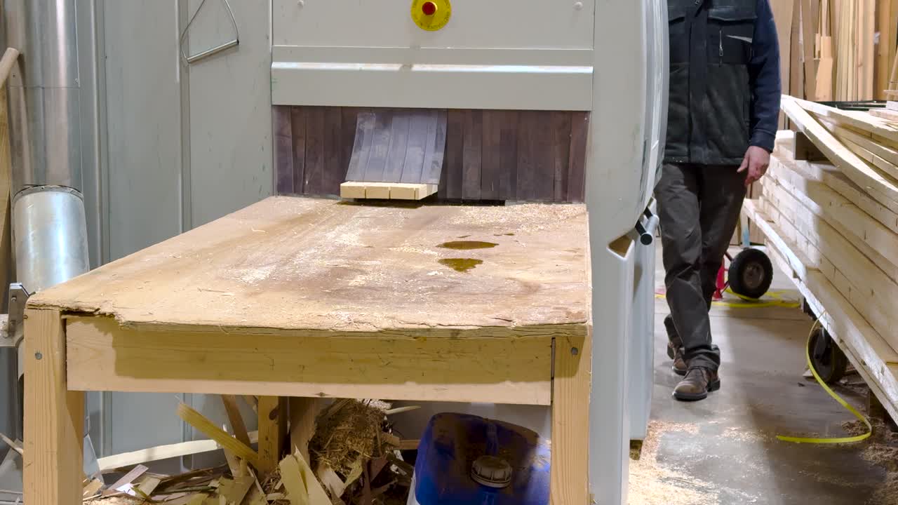 Industrial wood cutting machinery at timber merchant uses saw to split softwood plank into three smaller planks