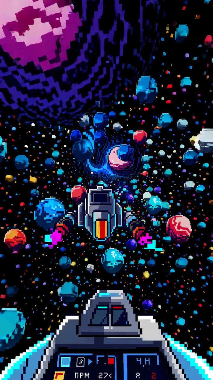 Retro pixel art video game style with a top-down angle, showcasing a spaceship navigating