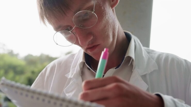 Primo piano di uno studente di botanica in camice bianco che scrive attentamente su un taccuino con una penna all'aperto, evidenziando l'attenzione accademica, la documentazione scientifica e l'osservazione riflessiva durante il processo di ricerca