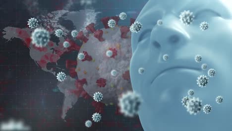 animation of virus cells and model of human face over world map