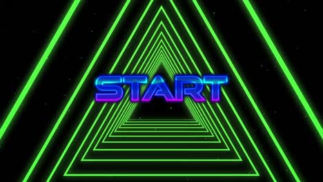 Animation-of-start-text-over-neon-triangles-on-black-background