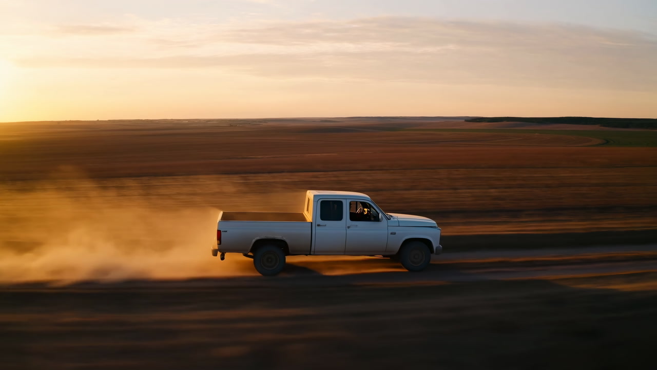 Pickup Truck Racing Across Sunset Plains, Driver At Wheel, Dust Cloud Trailing, Golden Light Bathing Wide Open