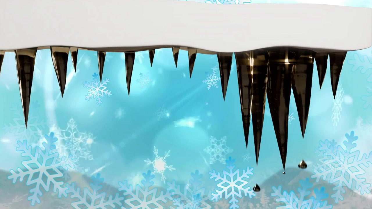 Parapeito coberto de neve com pingentes de gelo escuros derretendo sob um aquecimento suave, gotículas se formando e caindo.