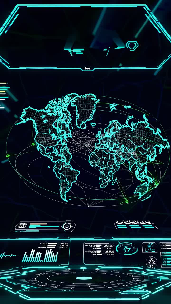 Futuristic video interface with a holographic globe, neon green lines, and data panels